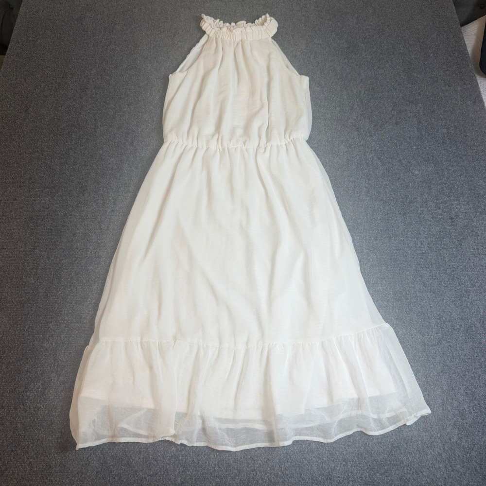 Tacera White Halter Ruffle Neck Midi Dress Small 12059 Sleeveless Elastic Waist